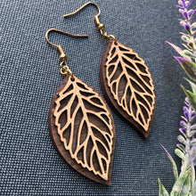Load image into Gallery viewer, Leather and Wood Leaf Earrings