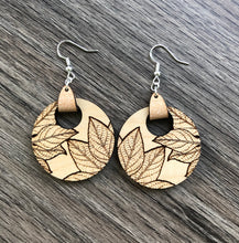 Load image into Gallery viewer, Round Wood and Leather Leaf Earrings
