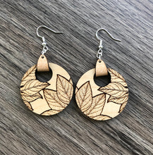 Load image into Gallery viewer, Round Wood and Leather Leaf Earrings