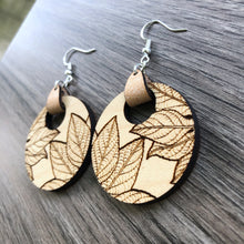 Load image into Gallery viewer, Round Wood and Leather Leaf Earrings