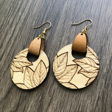 Load image into Gallery viewer, Round Wood and Leather Leaf Earrings