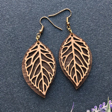 Load image into Gallery viewer, Leather and Wood Leaf Earrings