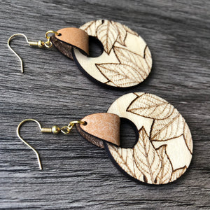 Round Wood and Leather Leaf Earrings