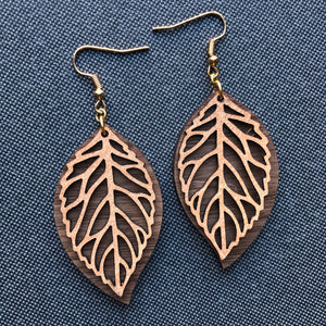 Leather and Wood Leaf Earrings