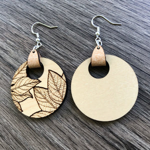 Round Wood and Leather Leaf Earrings